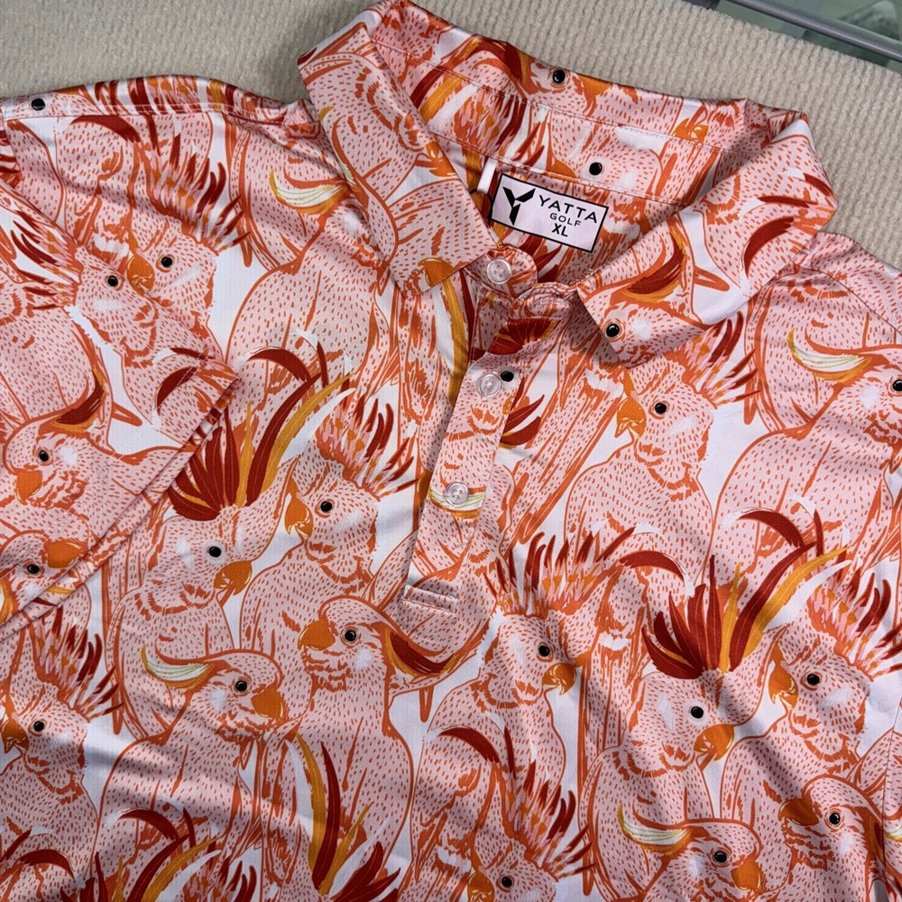 Yatta Golf Polo Men XL Orange Cockatoo Bird Print Performance Short Sleeve Shirt